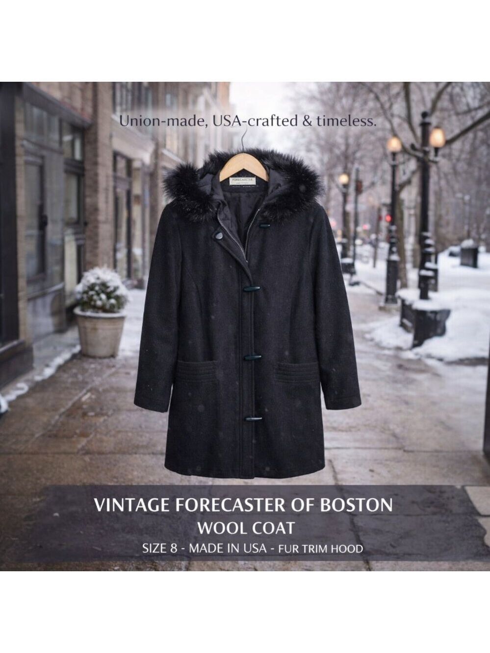 Vintage Forecaster of Boston Wool Coat Size 8 Hooded Fur Trim Made USA